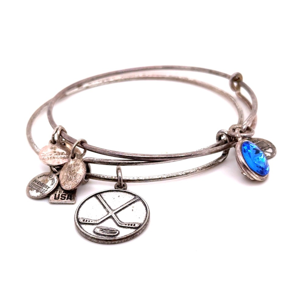 Alex and Ani Team USA Hockey Bangle Set Silver Tone Blue Crystal 2pc